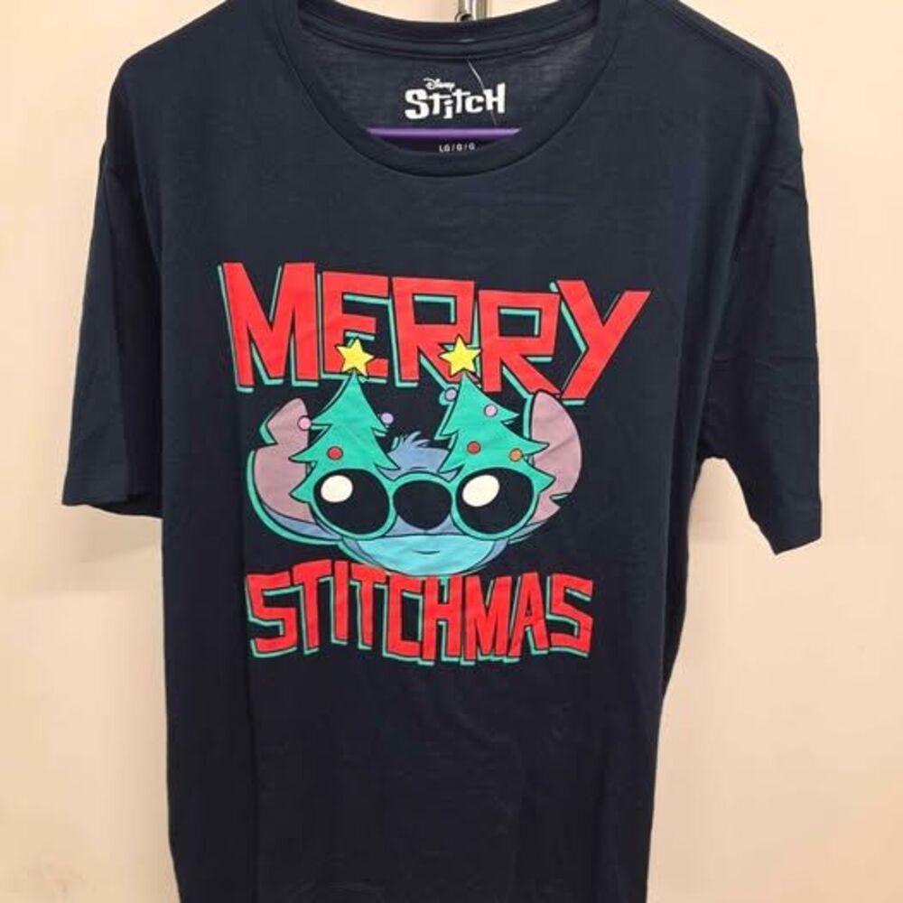 Disney Stitch 'Merry Stitchmas' Christmas t-shirt. BLUE, Adult Size L - NEW